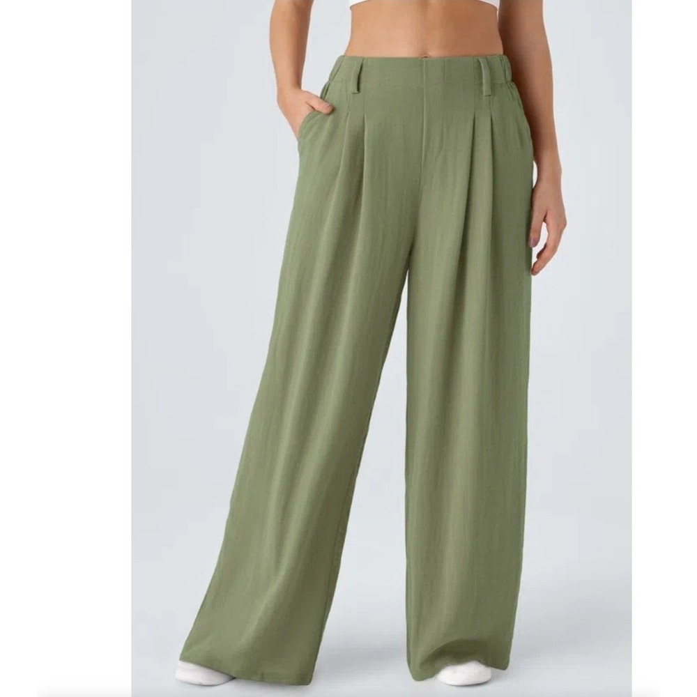 Halara High Waisted Pocket Wide Leg Flowy Palazzo Pants XL Green Linen-Feel NWT